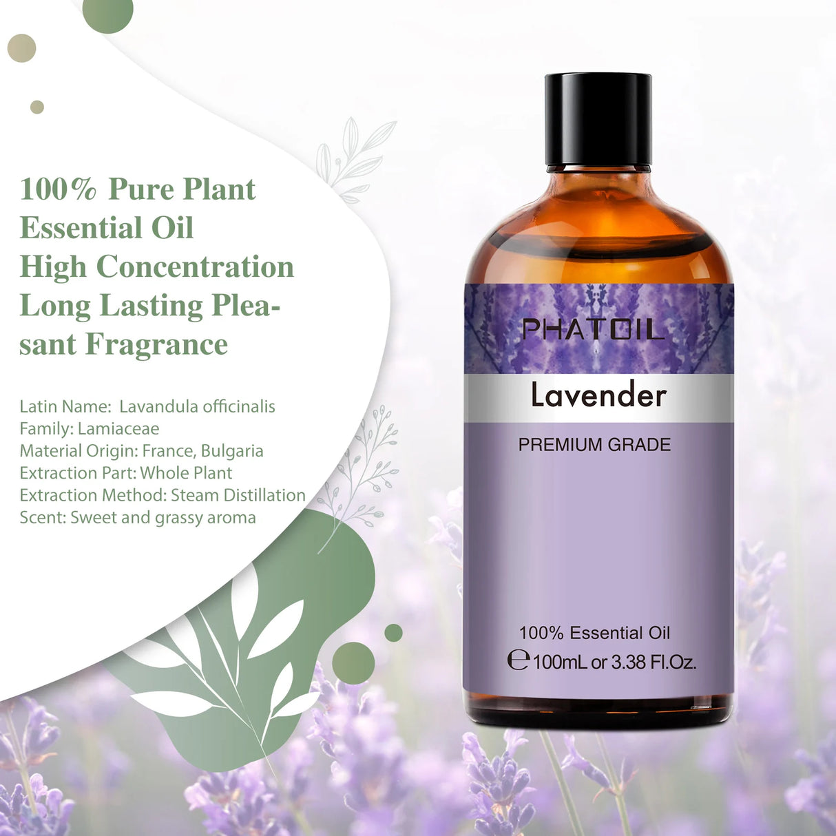 Bottle of lavender essential oil with label on a white background