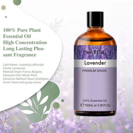 Bottle of lavender essential oil with label on a white background