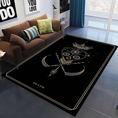 Black rug with skull design in a living room