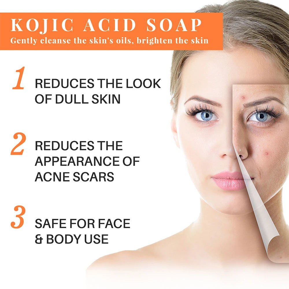 Kojic acid soap advertisement with a woman's face showing before and after effects.