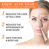 Kojic acid soap advertisement with a woman's face showing before and after effects.