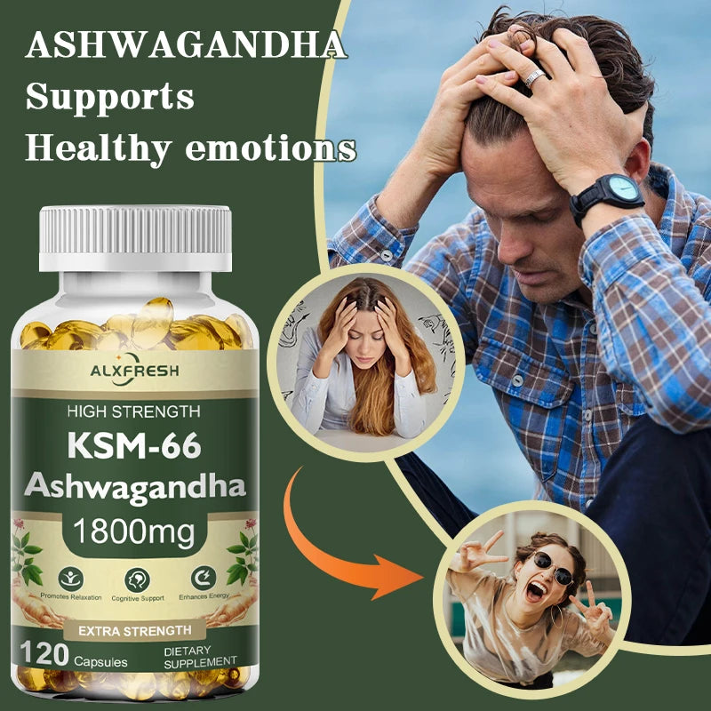 Vitamin supplement bottle with text 'ASHWAGANDHA Supports Healthy emotions' and images of people with different emotional states.