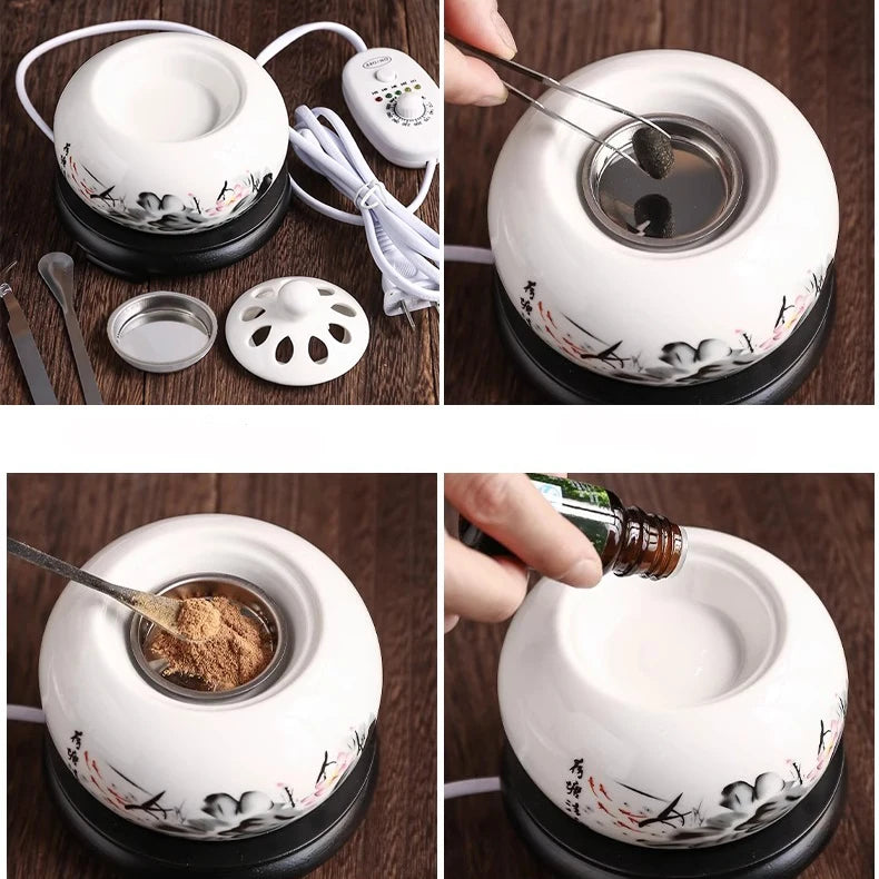 Collage of a white ceramic incense burner with floral designs on a wooden surface.