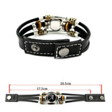 Black leather bracelet with metal beads and measurements on a white background
