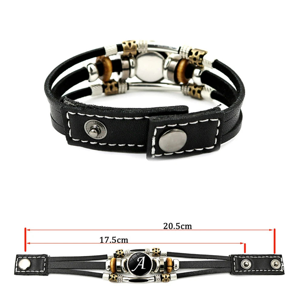 Retro A-Z Initial Leather Bracelet for Men showing black leather band with metal bead accents and sizing reference.