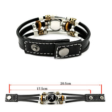 Retro A-Z Initial Leather Bracelet for Men showing black leather band with metal bead accents and sizing reference.
