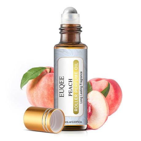 EUQEE Peach Roller Perfume Oil with peaches on a white background