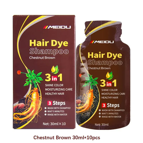 MEIDU Hair Dye Shampoo packaging for chestnut brown color on a white background