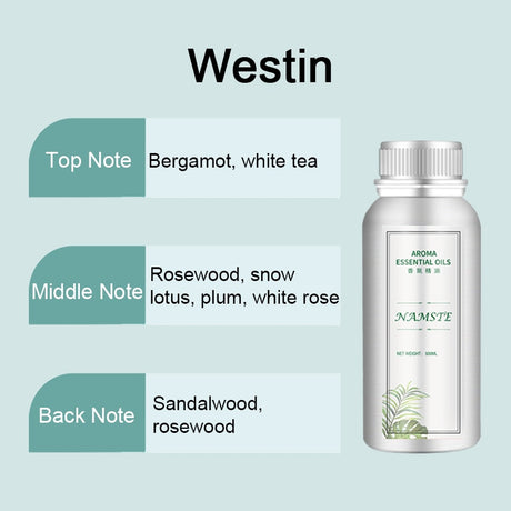 Aromatherapy oil bottle with notes on a light blue background, featuring the brand 'Westin'.