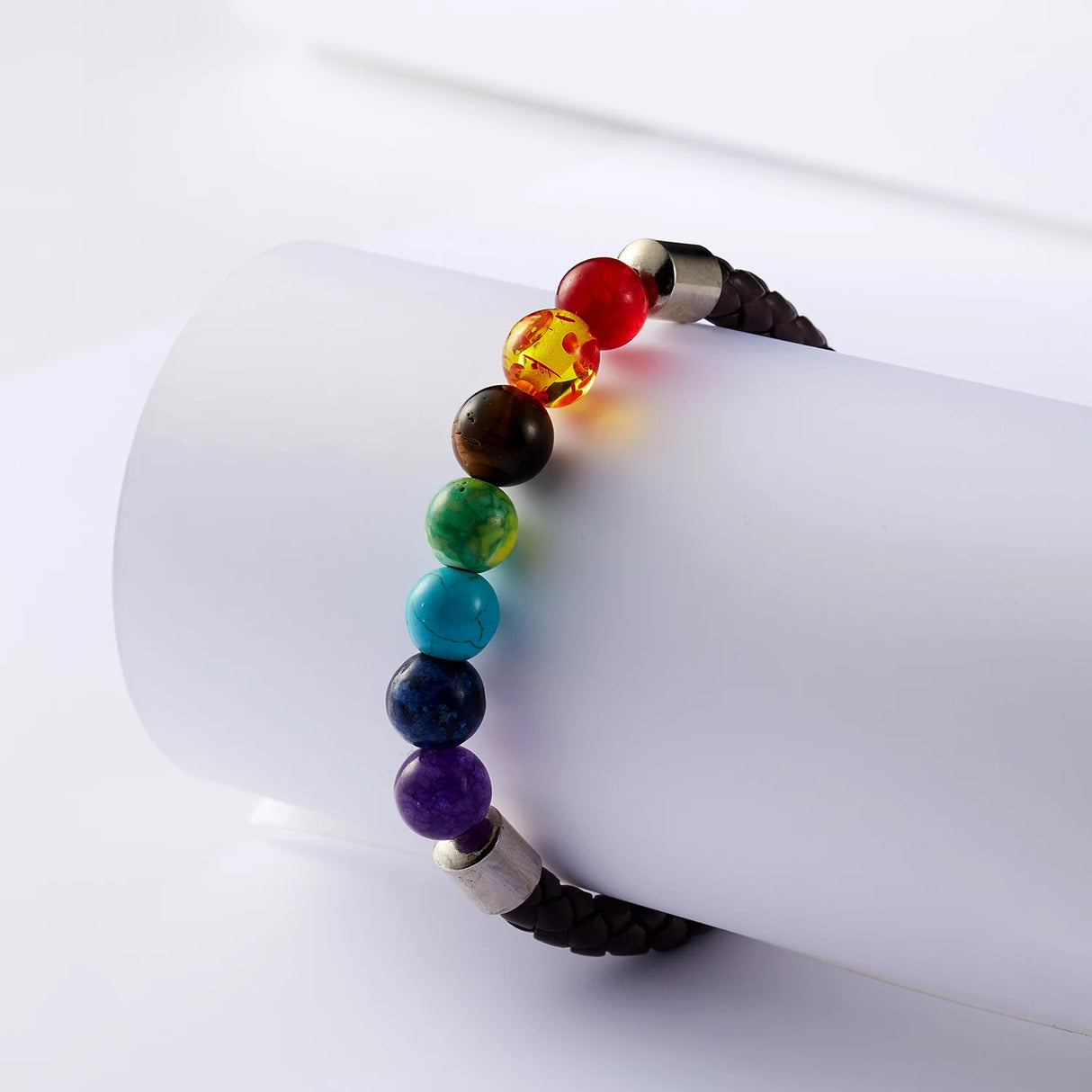 Multicolored beaded bracelet on a white surface
