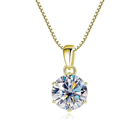 Gold necklace with a round diamond pendant on a white background