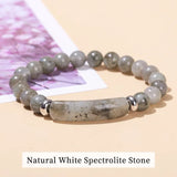 Necklace with natural white spectrolite stone on a beige background