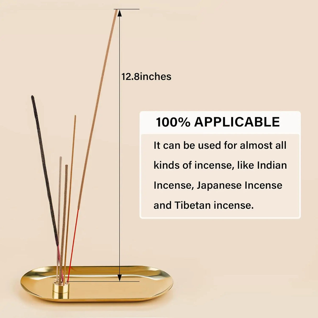 Gold incense burner with incense sticks on a beige background, showing dimensions and usage information.