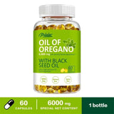 Bottle of Oil of Oregano with Black Seed Oil capsules on a white background