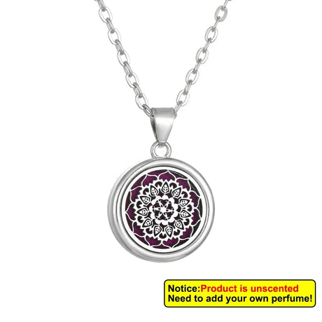 Silver necklace with a round pendant featuring a purple mandala design on a white background.