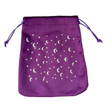 Purple drawstring bag with white celestial pattern on a white background