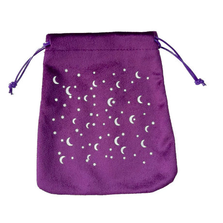 Purple drawstring bag with white celestial pattern on a white background