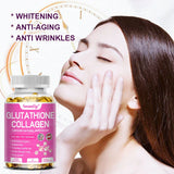 Glutathione collagen supplement bottle with a woman touching her face, labeled for whitening, anti-aging, and anti-wrinkles.