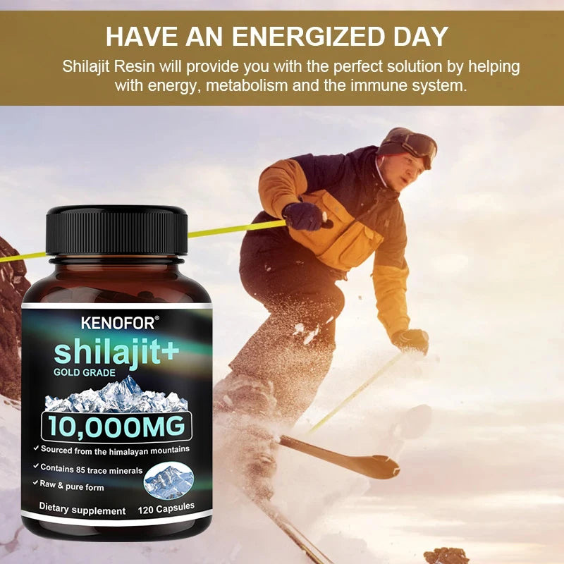 Kenofor shilajit+ supplement bottle with a person climbing in the background