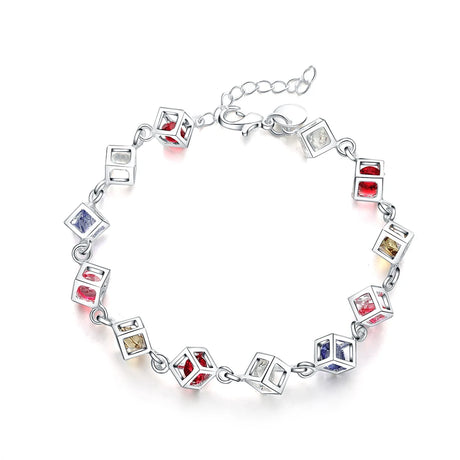 Silver bracelet with colorful gemstones on a white background