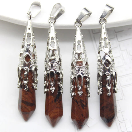 Four silver and brown pendant necklaces on a white background