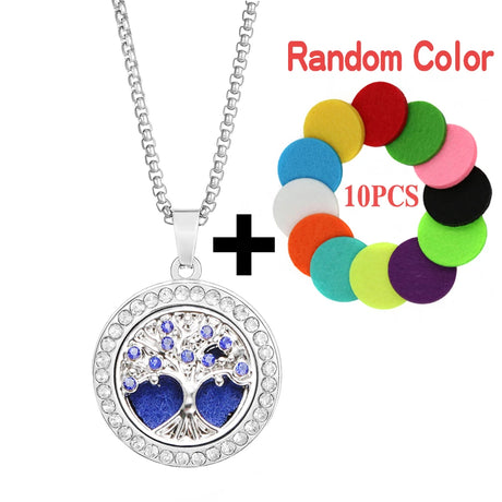 Silver necklace with tree of life pendant and colorful bracelets on a white background