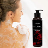 Woman with soap suds on her back next to a bottle of Catindra bath oil.