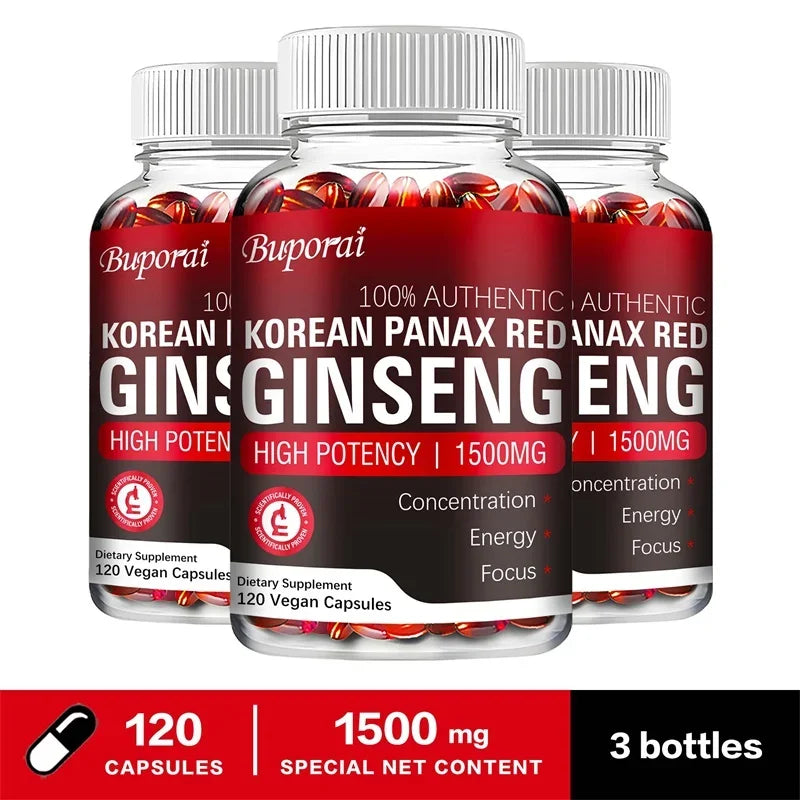 Three bottles of Buporai Korean Panax Red Ginseng on a white background