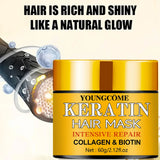 Yellow jar of Youngcome Keratin Hair Mask with text about hair health on a beige background