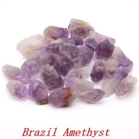 Raw Brazil amethyst crystals on a white background with 'Brazil Amethyst' text.