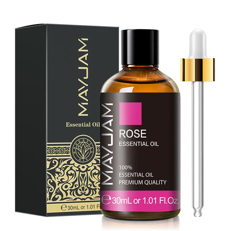 MayJam Rose Essential Oil bottle with dropper and packaging on a white background