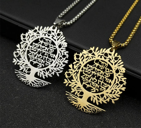 Two tree-shaped pendants, one gold and one silver, on a black background with 'AFAWA' branding.