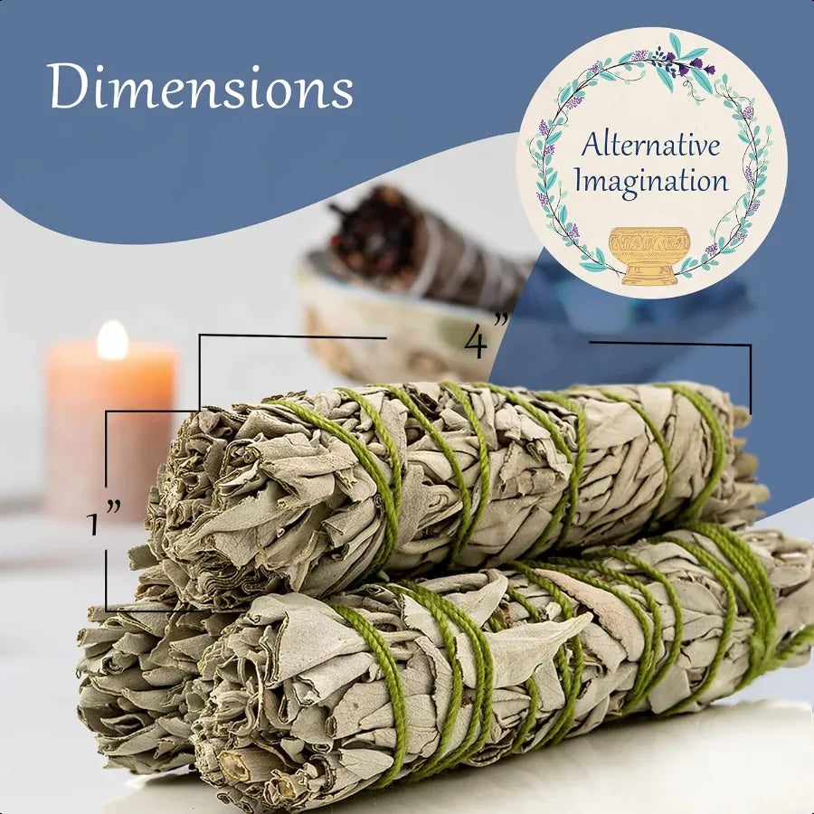 Two sage smudge sticks with dimensions labeled, set against a blue background with 'Alternative Imagination' branding.