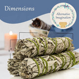 Two sage smudge sticks with dimensions labeled, set against a blue background with 'Alternative Imagination' branding.