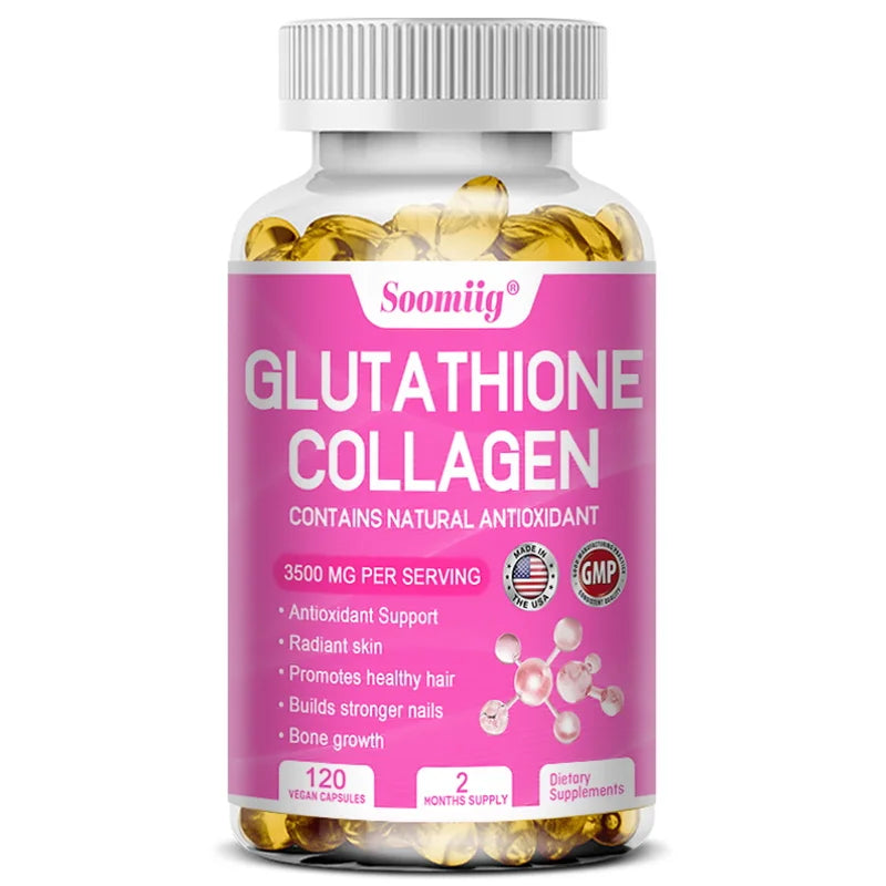 Bottle of Soomiig Glutathione Collagen supplement on a white background