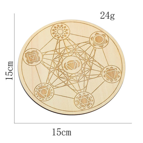 Wooden disc with geometric design and measurements on a white background