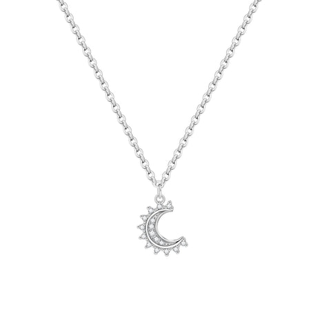 Silver necklace with a crescent moon and sun pendant on a white background