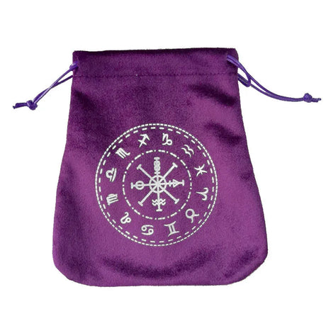 Purple drawstring bag with white zodiac symbol on a white background