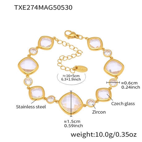 Gold bracelet with white stones and measurements on a white background