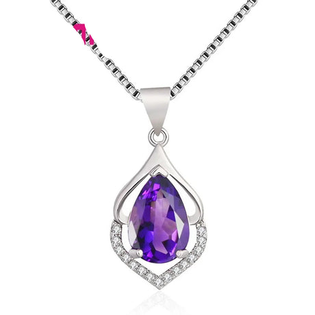 Purple teardrop pendant necklace with silver chain on a white background, featuring the brand 'YAMLILI'.