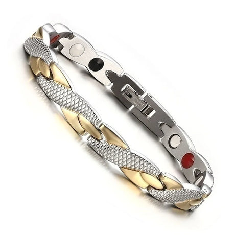 Silver and gold bracelet with red accents on a white background