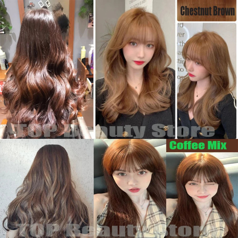 Collage of chestnut brown hair with different styles and lighting conditions.