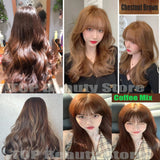 Collage of chestnut brown hair with different styles and lighting conditions.