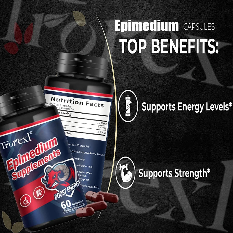 Epimedium supplements with visible branding and product details on a dark background