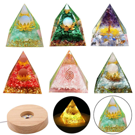 Set of six pyramid-shaped crystal lights with various designs on a white background.