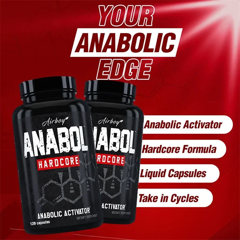 Two bottles of Airboy Anabol Hardcore on a red background with promotional text.