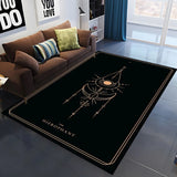 Black rug with white design in a living room setting
