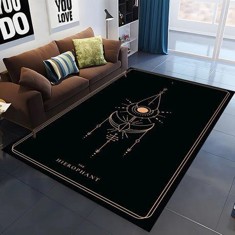 Black rug with white design in a living room setting