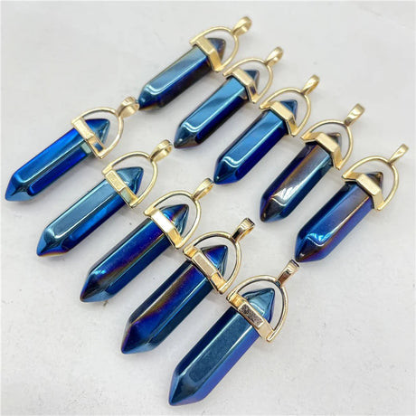 Blue crystal pendants with gold accents on a light gray background