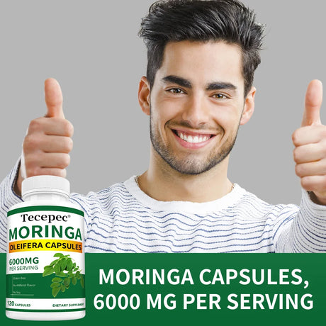 Man giving a thumbs-up with a bottle of Tecepec Moringa capsules on a gray background